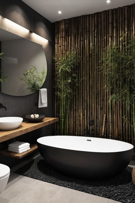 Transform your bathroom into a meditative space with dark bamboo screening and calming black pebble details. Your daily escape awaits. #ZenBathroom #BambooDesign #SpaInspired Black Zen Bathroom, Black And White Spa Bathroom, Dark Spa Bathroom, Small Zen Bathroom, Bathroom Black Wall, White Spa Bathroom, Modern Mediterranean Bathroom, Zen Bathroom Ideas, Meditative Space