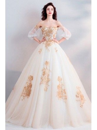 Classic Gold With White Ball Gown Princess Wedding Dress Off Shoulder Wedding Dress Off Shoulder, White Ball Gown, Ball Gown Princess, Elegant Bridal Dress, Gothic Party, White Ball Gowns, Gown Princess, Gold Wedding Dress, Ball Gowns Princess