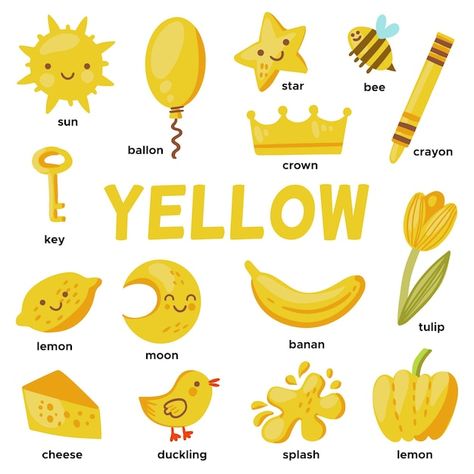 Yellow Objects, Red Objects, Yellow Words, School Kids Crafts, Mazes For Kids, Baby Shower Yellow, Yellow Animals, Preschool Colors, Illustration Kids