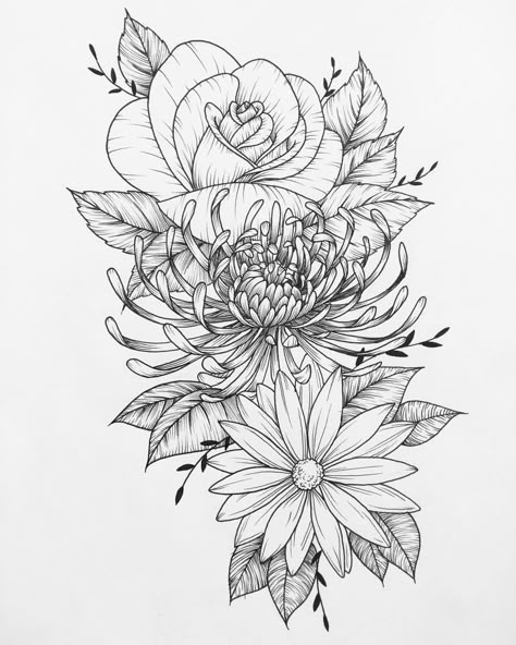 Most recent piece done for a very nice client  #flowers #art #drawing #tattoo #flash #flowertattoo #linedrawing #chrysanthemum #rose #daisy #sketch Wildflowers Tattoo, 27 Tattoo, Colorful Flower Tattoo, Plants Drawings, Tattoo Baby, Chrysanthemum Tattoo, Flower Tattoo Drawings, Tattoo Photography, Flower Tattoo Sleeve