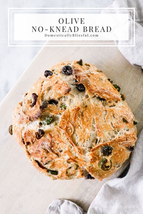 No Knead Skillet Olive Bread, No Knead Kalamata Olive Bread, Olive No Knead Bread, No Knead Olive Bread Dutch Oven, Green Olive Bread Recipe, Italian Olive Bread Recipe, No Knead Olive Bread Recipe, Recipes With Green Olives, No Knead Olive Bread