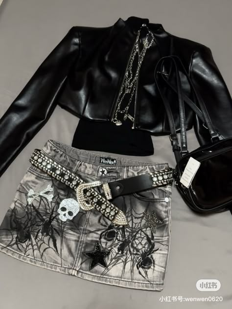 Goth Outfits Concert, Luxury Leather Jacket For Alternative Fashion, Goth Leather Jacket, Ateez Concert Outfit, Ateez Concert Outfit Ideas, Goth Outfits Leather Jacket, Black Punk Leather Jacket With Zipper, Fitted Gothic Leather Jacket, Rock Star Outfit