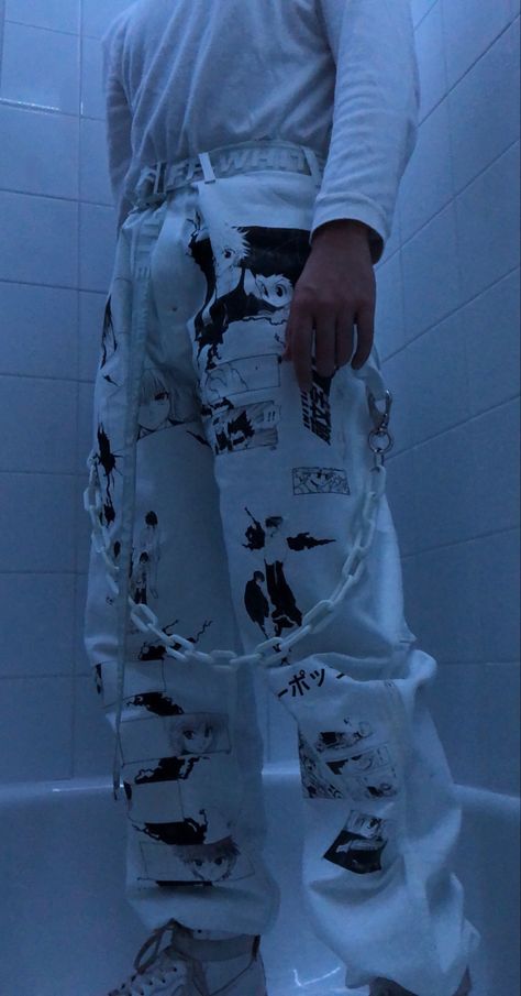 White anime pants #fashion #menswear #alternative #anime #aesthetic #whitepants #cool Custom Anime Clothes, Anime Pants, Egirl Fashion, Streetwear For Men, Tokyo Street Fashion, Hipster Grunge, Aesthetic Streetwear, Anime Inspired Outfits, In The Darkness