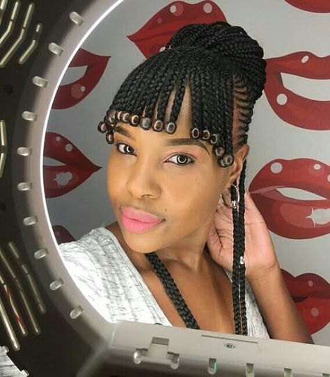 Mogau Paulina Motlhatswi in Lovely Fringe Braids with Beads Micro Cornrows, Fringe Braids, Hairstyles For Hair, Hairstyles With Fringe, Straight Up Hairstyles, Cornrows With Beads, Diy Hair Wig, Braided Buns, Fringe Braid