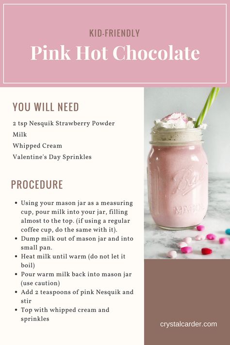 Strawberry Hot Chocolate Recipe, Pink Hot Chocolate Recipe, Hot Pink Foods For Party, Fancy Hot Chocolate Recipe, Chocolate For Valentines Day, Strawberry Hot Chocolate, Hot Chocolate Ideas, Pink Hot Chocolate, Hot Cocoa Mix Recipe