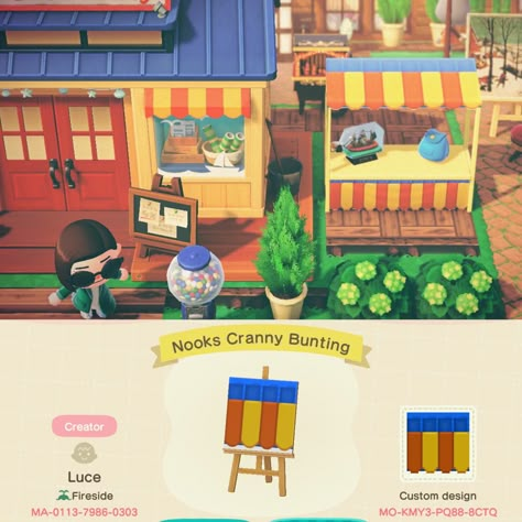 animal crossing new horizons acnh red and yellow Nook stall bunting qr code codes Animal Crossing Codes Stall, Animal Crossing Ideas Nook Cranny, Stall Design Animal Crossing Code, Anch Design Codes Stall, Stall Qr Code Animal Crossing, Acnh Booth Design Codes, Acnh Nooks Cranny Design Code, Acnh Custom Design Stalls, Acnh Design Id Codes Flag