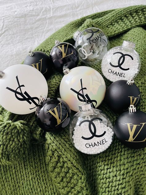 Ysl Christmas Tree, Champaign Bar, Designer Ornaments, Lux Christmas, Chanel Stickers, Chanel Christmas, Bling Crafts, Christmas Graphic, Glam Decor