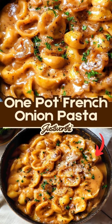 One Pot French Onion Pasta is a luscious, cheesy dish that combines the savory depth of French onion soup with the comforting embrace of creamy pasta. With caramelized onions, rich broth, and melty cheese, this one-pot wonder transforms a classic soup into a satisfying meal perfect for weeknights or dinner parties. Dinner With Onions, Cheesy Pasta Dinner Recipes, French Onion Savory Pasta, French Onion Gnocchi Soup Delish, French Onion Lasagna, One Pot Creamy Pasta Recipes, Easy Weeknight Suppers, No Pasta Dinners, Recipe With French Fried Onions