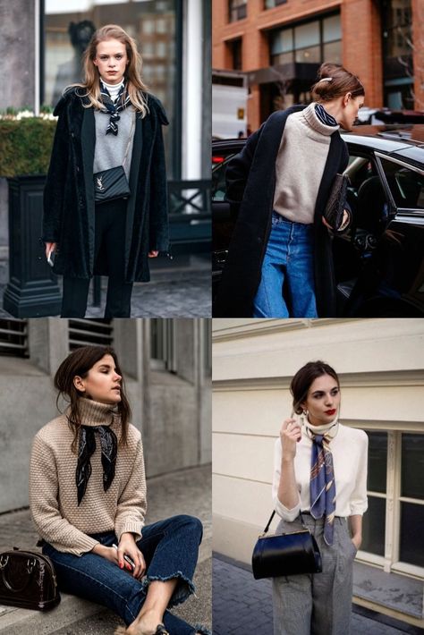 Scarf Turtleneck Outfit, Scarf Over Turtleneck, Turtle Neck With Scarf Outfit, Neck Scarf Outfit Winter, Silk Scarf And Turtleneck Outfit, Neck Scarf With Turtleneck, Turtle Neck And Scarf Outfit, Silk Neck Scarf Outfit Winter, High Neck Top Outfit Winter