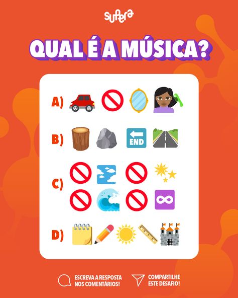 Desafio: emojis. Você sabia que hoje é Dia Mundial do Emoji? Quais músicas esses emojis estão representando? 👉 Para conferir a resposta e ver outros desafios SUPERA, acesse: bit.ly/desafio-emojis #Desafio #DesafioSUPERA #DiaMundialdoEmoji #Emojis #DesafieseuCérebro #ginasticaparaocerebro #qualidadevida #metodosuperaguarulhosmaia #desperteseucerebro