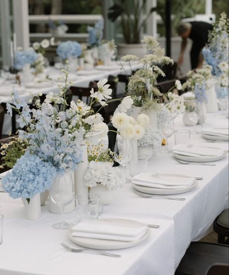 Table Top Flower Arrangements Wedding Reception, Fancy Baby Shower Table, Wedding Decorations Light Blue, Blue Flowers Table Setting, Blue Theme Engagement Party, White And Blue Table Setting Wedding, Blue Hydrangea Table Setting, Light Blue Reception Decor, White And Powder Blue Wedding