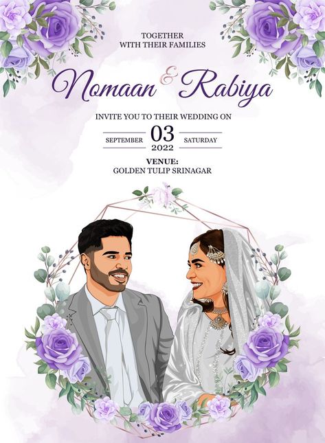 I have Design this Unique and Modern Wedding invitation Card and Post with Illustration. I have created this for my Pakistani client with the help of Purple Watercolour And Floral patterns Contact Us For more Info Best Regards: 4nds Network Simple Wedding Invitation Card, Cartoon Wedding Invitations, Wedding Illustration Card, Purple Wedding Invitation, Caricature Wedding Invitations, Cartoon Wedding, Wedding Couple Cartoon, Wedding Card Design Indian, Caricature Wedding