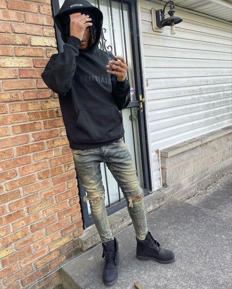 Black Timberland Outfits Men, All Black Fit, Black Timberland Outfits, Rapper Outfits Men, Hood Outfits Men, Hype Clothing Boys, Black Outfit Men, Timberland Outfits, Black Men Fashion Urban