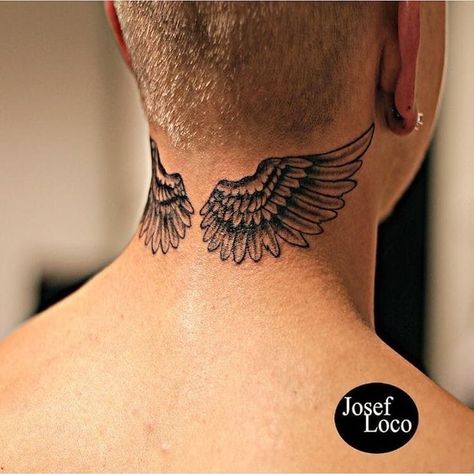 Behind The Neck Tattoos, Back Of Neck Tattoo Men, Wing Neck Tattoo, Alas Tattoo, Wing Tattoo Men, Cross Tattoo For Men, Back Of Neck Tattoo, Forarm Tattoos, Muster Tattoos