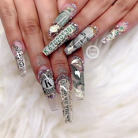 Bui808 Nails on Instagram: “Customer request Money Nails for her 1 year old son Bday Theme” Money Inspired Nails, Money Set Nails, Money Sign Nails, Money Bag Nails, Money Acrylic Nails, Nails Money, Money Nails Designs, Nails Miami, Nail Designs Bling