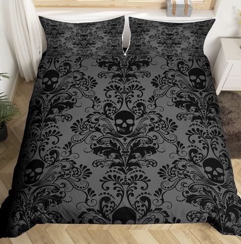 Halloween Bed set duvet cover Bedsheet Ideas, Gothic Homes, Damask Bedding, Skull Bedding Sets, Textured Quilt, Flower Duvet Cover, Room Things, Flower Duvet, Bed Comforter Sets