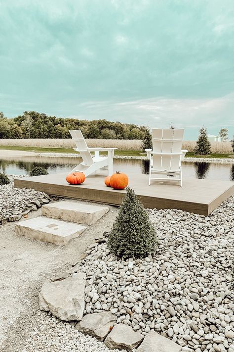 Pond In Front Of House, Pond Landscaping Ideas Large, Pond Deck Ideas, Pond Decks, Lake Docks Designs, Pond Deck, Building A Dock, Dock Ideas, Platform Deck