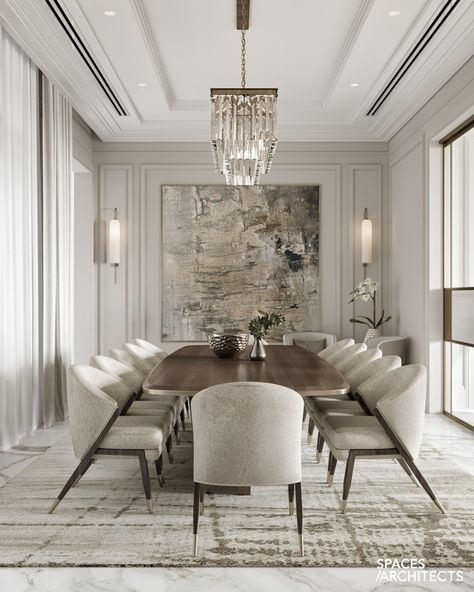 Modern Luxe Dining Room, Elegant Dining Room Luxury, Modern Classic Dining Room, Formal Living Room Designs, Large Dining Room Table, Dining Room Design Luxury, Modern Classic Interior, Interior Design Dining, Classic Dining Room