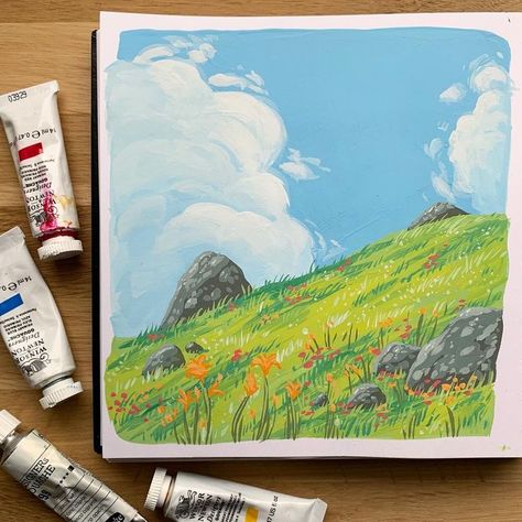 Ghibli Scenery, Landscape Clouds, Sketchbook Painting, Painting Gouache, Scenery Paintings, Diy Watercolor Painting, Gouache Art, Oil Pastel Art, Landscape Art Painting