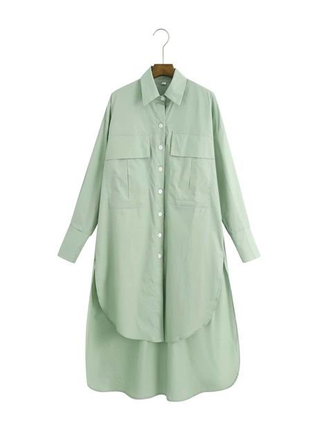 Flap Pocket High Low Shirt Dress | SHEIN USA Shirt Style Kurti Designs, High Low Shirt Outfit, Button-up Shirt Dress With Pockets, Shirt Style Kurti, Knee-length Cotton Shirt Dress With Placket, Solid Button-up Shirt Dress With Pockets, Solid Color Button-up Shirt Dress With Pockets, Western Dress Shirts, Green Button-up Shirt Dress With Pockets