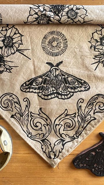 Linocut Prints Fabric, Fabric Lino Print, Linocut Prints Pattern, Linocut Print Tattoo, Moth Block Print, Printmaking On Clothes, Linocut Fabric Printing, Linocut Prints On Fabric, Moth Lino Print