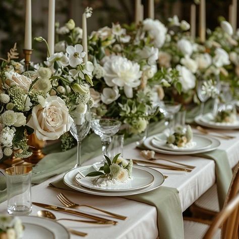 How to Create a Stunning Sage Green Wedding Theme • 333+ Art Images Sage Decorations Wedding, Sage Wedding Reception Decor, Wedding Green Theme Decoration, Olive Green Outdoor Wedding, Wedding Table Settings Spring, Sage Green Wedding Place Settings, Green Tones Wedding, Sage Green And Gold Wedding Centerpieces, Sage Green Table Decor Wedding