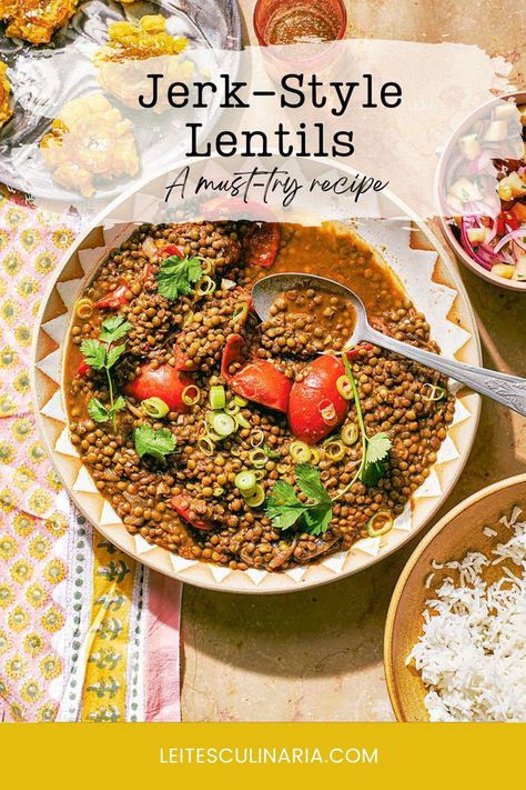 A colorful bowl of hearty lentils simmered with tomatoes and garnished with fresh cilantro and scallions. Jerk Lentils Vegan, Jerk Lentils, Easy Lentils, Lentils Recipes, Lentil Recipes Easy, Lentils Recipe, Monday Recipes, Lentils Vegan, French Green Lentils