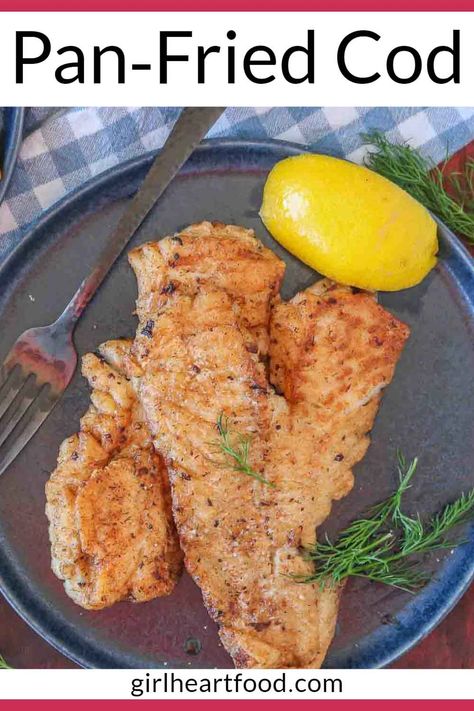 This simple pan-fried cod recipe is easy, delicious and on the table in about 30 minutes! Cod fillets are lightly dusted in a seasoned flour mixture and gently cooked until golden on the outside and moist inside. Serve with lemon and your favourite side for one satisfying meal. #panfriedcod #panfriedcodrecipe #pansearedcod #easyseafoodrecipe #newfoundlandcod #newfoundlandpanfriedcod #codrecipe #recipeforcod Fried Cod Fish Recipes, Fried Cod Recipes, Fried Cod Fish, Pan Fried Cod, Oven Baked Cod, Filet Recipes, Newfoundland Recipes, Haddock Recipes, Cod Fillets