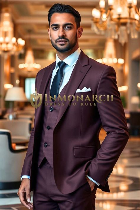 Wine 3 Piece Men Suit Outfit, Wedding Suit for Groom and Bestman - InMonarch Wedding Suit For Groom, Men Suit Outfit, Suit For Groom, Reception Suits, Mens Dress Vests, Mens Tunic, Formal Wedding Suit, Maroon Suit, Blazer Wedding