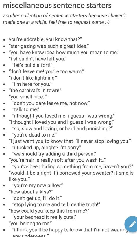 Sentence starters Roleplay Starters, Rp Starters, Sentence Starters Prompts, Sentence Starters, Story Writing Prompts, Creative Writing Tips, Writing Motivation, Writing Dialogue Prompts, Writing Characters