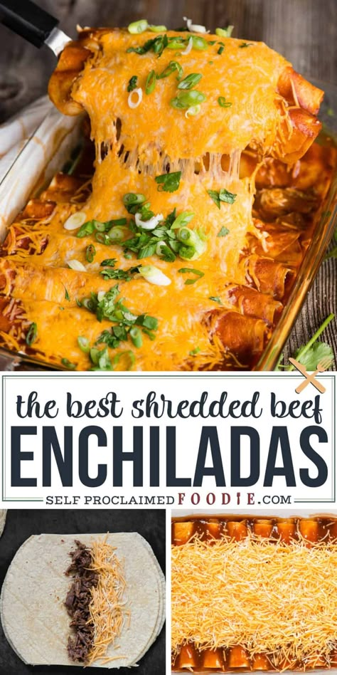 Best Beef Enchiladas, Instant Pot Shredded Beef, Best Beef Enchilada Recipe, Steak Enchiladas, Mexican Food Recipes Enchiladas, Enchiladas Beef, Beef Enchiladas Recipe, Shredded Beef Enchiladas, Shredded Beef Recipes