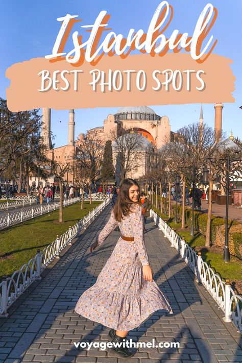 Best photo spots in Istanbul, a girl standing in front of Hagia Sophia Istanbul Photoshoot Ideas, Most Instagrammable Places In Istanbul, Istanbul Vacation Outfits, Instagram Istanbul, Hagia Sophia Photo Ideas, Hagia Sophia Outfit, Istanbul Instagram Spots, Istanbul Pose Ideas, Outfits For Istanbul