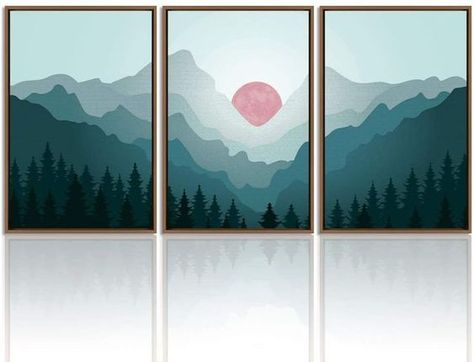 Mountain Landscape Illustration, Three Canvas Painting, Bedroom Mountain, Multi Canvas Painting, 3 Panel Wall Art, Gold Mountain, Diy Macrame Plant Hanger, 3 Piece Canvas Art, Forest Nature