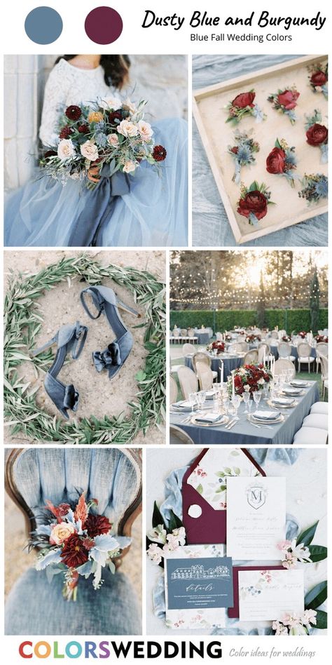 Claret And Blue Wedding, Dusty Blue Burgundy Wedding, Fishing Weddings, Blue Burgundy Wedding, Blue Fall Wedding, Wedding Dusty Blue, Burgundy Wedding Theme, Dusty Blue Bridesmaid, Fall Wedding Color Palette