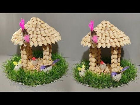 DIY Birds HouseHut Showpiece From Pista ShellsHome Decoration Craft IdeasPista Shell Craftsbirdsnest birdshouse hutshowpiece diypistashellcrafts... Pista Shell Crafts, Birds House, Thali Decoration Ideas, Shell Crafts Diy, Diy Birds, Diy Crafts Paper Flowers, Art N Craft, Flower Diy Crafts, Diy Crafts Hacks