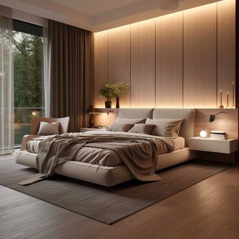 Minimal Master Bedrooms Decor, Master Room Design Modern, Simple Luxury Bedroom, Modern Luxury Bedroom Design Master Suite, Long Bedroom Ideas, Suite Living Room, Bed Design Modern Luxury, Contemporary Style Bedroom, Minimalist Living Room Ideas