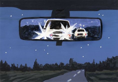 Monoprint, Rear View, A Car, At Night, Road, Mirror, Cars