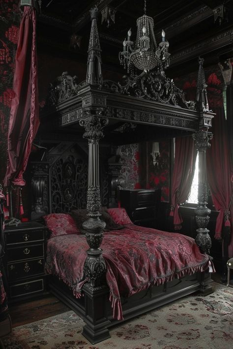 Gothic Bedroom, Make A Bow, Gothic Design, Decoration Ideas, Bedroom, Bed, Red, Design