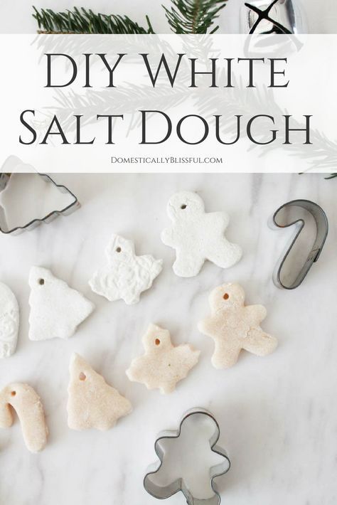 If you want to create white salt dough ornaments this Christmas you will love this DIY recipe for how to whiten salt dough! Salt Dough Baking Time, Homemade Baked Ornaments, Diy White Ornaments, Ornaments Recipe, Make Salt Dough, How To Make Salt Dough, Domestically Blissful, Salt Dough Christmas Ornaments, Salt Dough Crafts