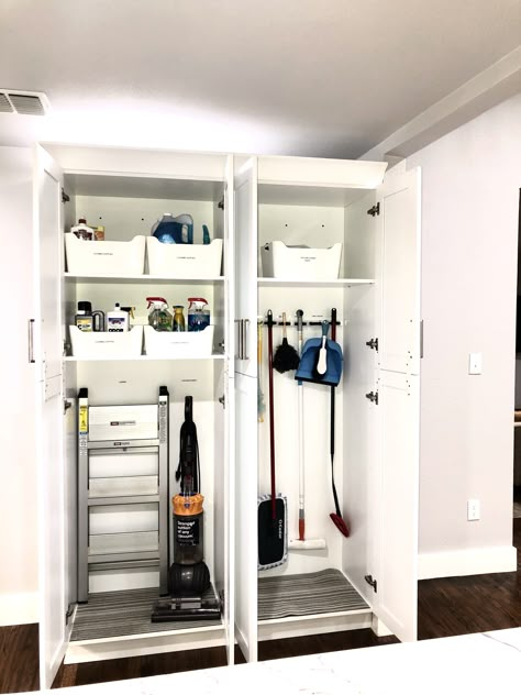 Storage Closet For Cleaning Supplies, Utility Closet And Pantry, Cabinet For Cleaning Supplies, Pantry Cleaning Supplies, Cleaning Supplies In Garage, Cabinet For Vacuum And Cleaning Supplies, Storage For Vacuum Cleaner, Large Utility Closet Organization, Cleaning Supply Storage Cabinet