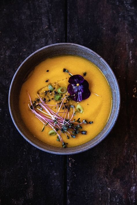 Velvety Miso Kabocha Squash Soup — Amalgam Kitchen Kabocha Miso Soup, Black Futsu Squash, Miso Squash, Kabocha Soup, Roasted Squash Soup, Kabocha Squash Recipe, Kabocha Squash Soup, Plum Vinegar, Soup Appetizers