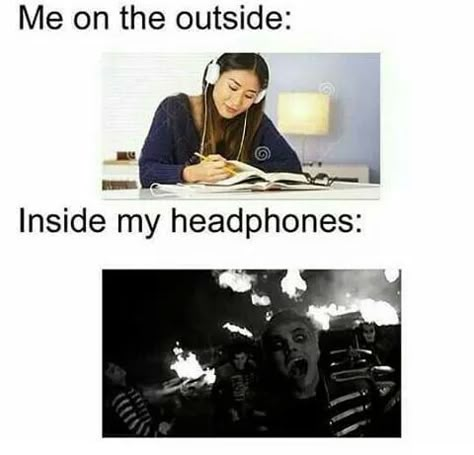 and then i'll get paranoid and have to keep taking my headphones off to check no-one else can hear my music Film Memes, Muzică Rock, Emo Band Memes, Mcr Memes, Emo Memes, Kids Laughing, Emo Music, Shared Folder, Emo Kid