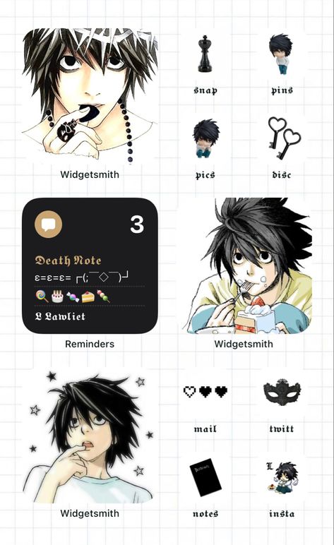 Deathnote Homescreen Layout, Lawliet Aesthetic, Notes Widget, Note It Ideas App, Wallpaper Layout, L Wallpaper, Emo Roblox Avatar, Phone Layouts, Custom Ipad