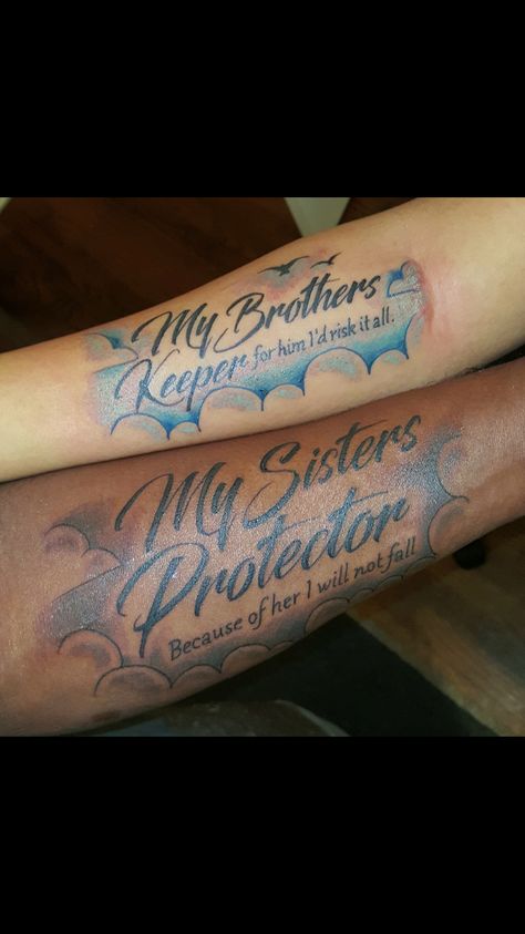 Brother&Sister Tattoo #BrothersKeeper #SistersProtector Sister Protector Tattoos, My Brothers Keeper, Tattoo Sister, Brothers Keeper, Brother Sister Tattoo, Brother Tattoos, Sister Tattoo, Sibling Tattoos, Disney Tattoo