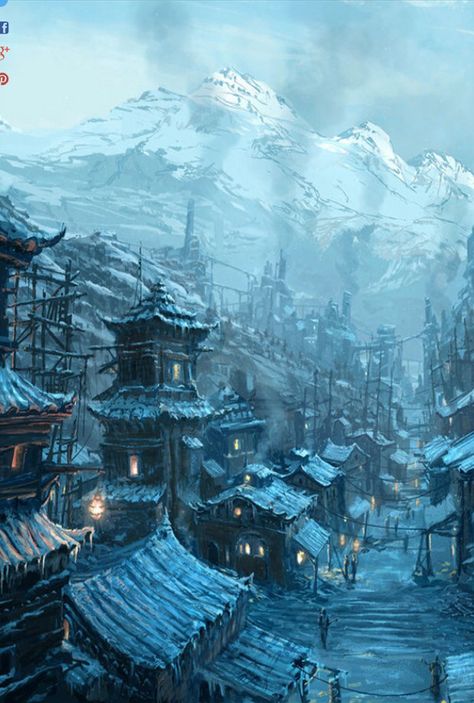 Ice village Steampunk Chinese, Raphael Lacoste, Chinese Village, Creature Fantasy, Art Steampunk, Rpg Map, Fantasy City, Fantasy Places, Fantasy Setting