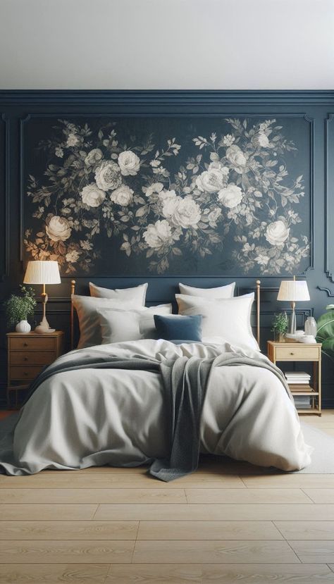 Luxurious Bedroom Wallpaper, Dramatic Wallpaper Accent Wall, Blue Bedroom Ideas Wallpaper, Sophisticated Blue Bedroom, Blue Statement Wall Bedroom, Wallpaper Above Bed, Wallpaper Behind Headboard, Navy Wallpaper Bedroom, Painting Behind Bed