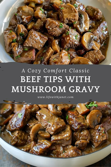 Steak Tips With Mushrooms And Onions, Beef Tips With Mushroom Gravy, Beef And Mushroom Recipe, Mom Meals, Cast Iron Steak, Cast Iron Skillet Cooking, Beef Tips And Gravy, Meat Meals, Steak Tips