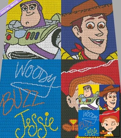 Jessie And Buzz, Story Collage, Friends Crochet, Woody And Jessie, Picture Graphs, Crochet Blocks, Woody Toy Story, C2c Crochet, Puff Stitch