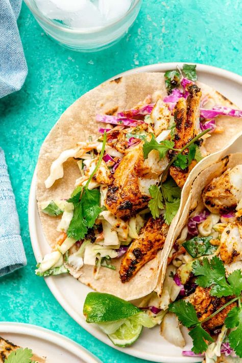 Blackened Fish Tacos with Cabbage Slaw - Fed & Fit Fish Taco Coleslaw Recipe, Avocado Coleslaw, Fish Taco Toppings, Fish Tacos With Cabbage Slaw, Avocado Slaw, Tacos With Cabbage Slaw, Baked Fish Tacos, Slaw For Fish Tacos, Fish Tacos With Cabbage