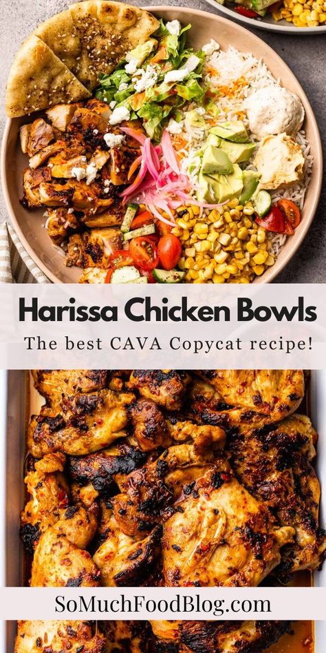 These Harissa Chicken Bowls are inspired by the popular bowl at CAVA! Loaded with tender harissa-marinated chicken, steamed rice, veggies, and drizzled with a tangy harissa vinaigrette. Cava Greek Bowl, Cava Harrisa Chicken, Cava Lemon Chicken Bowl Copycat, Honey Harissa Chicken Bowl, Cava Chicken Marinade, Harissa Avocado Bowl Cava, Cava At Home Recipes, Honey Harrisa Chicken Recipe, Vegan Cava Bowl